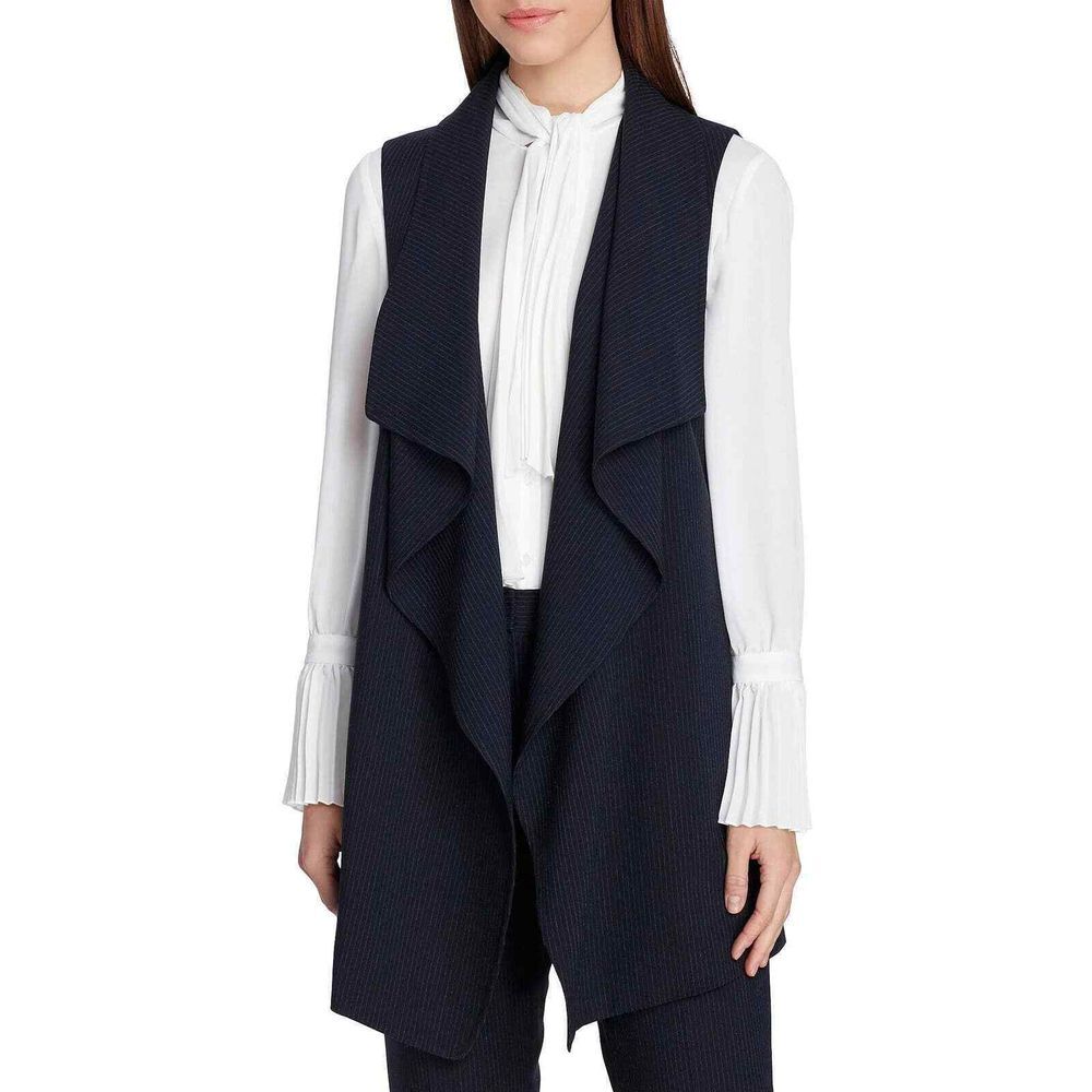 Tahari ASL‎ Women's Navy/Gray Drape Front Pin Stripe Sleeveless Blazer Size 0P